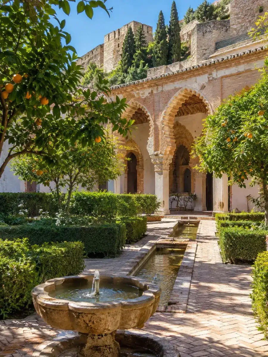 Innenhof der Alcazaba von Málaga mit Bögen, einem Brunnen und Orangenbäumen