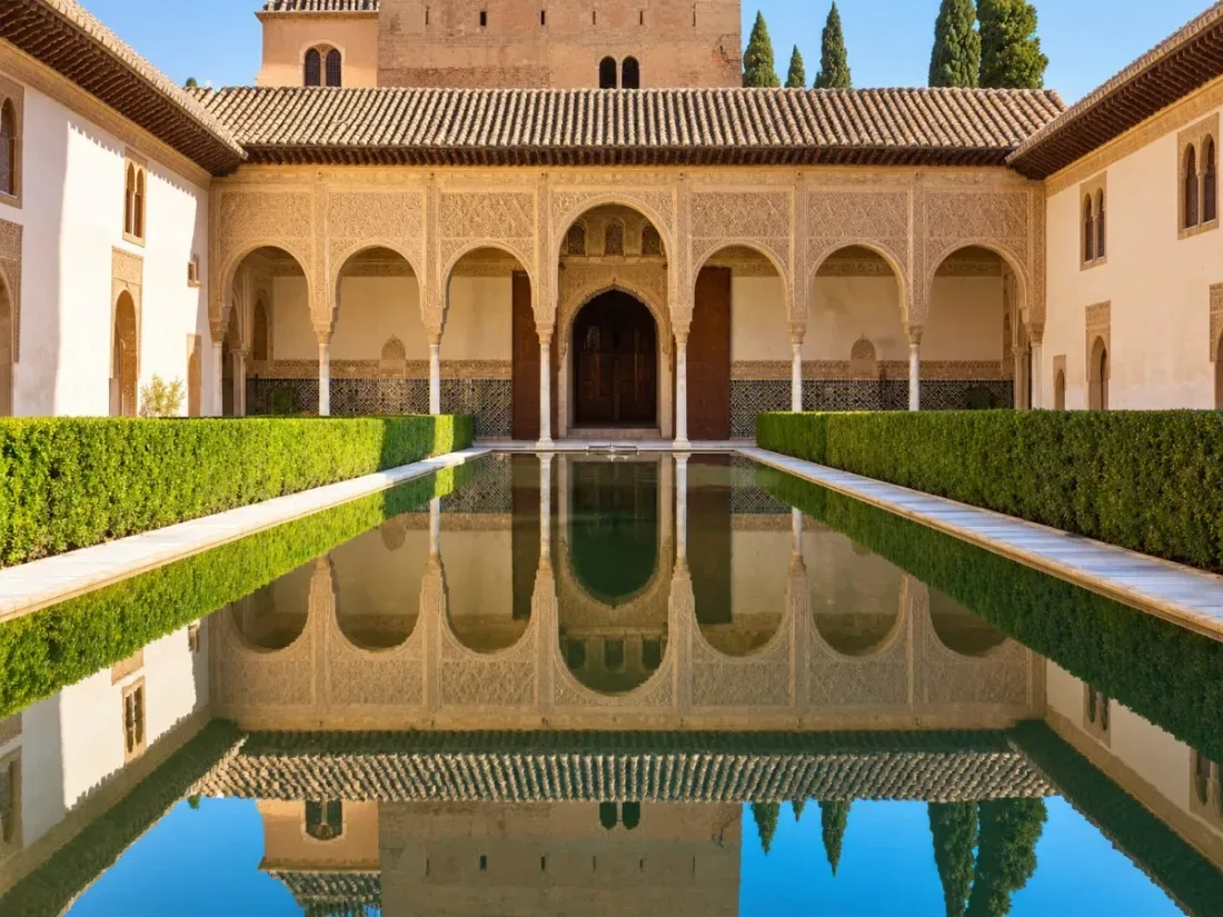 Ein Innenhof der Nasrid-Paläste in Granada mit Bögen und einem langen Becken