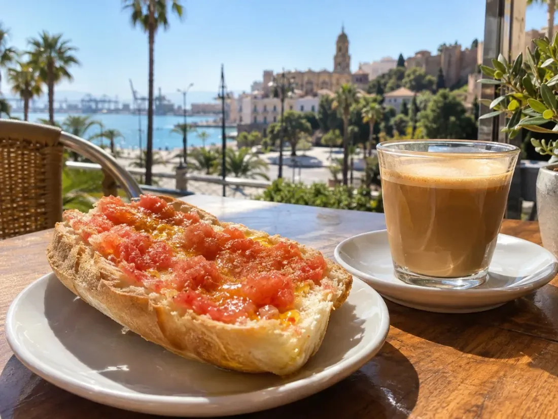 Ein geröstetes pitufo-Brötchen mit zerdrückten Tomaten und Olivenöl neben einem Glas Milchkaffee