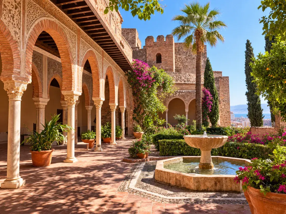 Hufeisenbögen und ein Gartenhof im Inneren der Alcazaba von Málaga