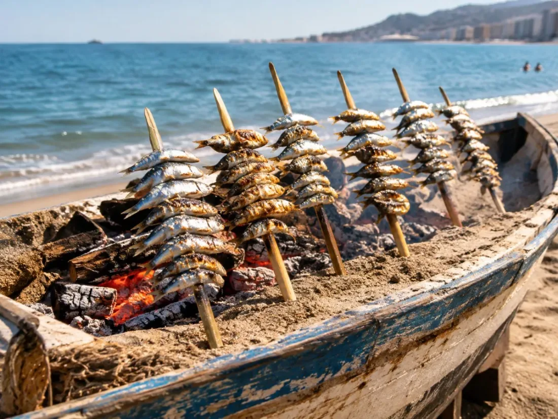 Sardinen-Spieße, die über Glut auf einem mit Sand gefüllten Boot an einem Strand von Málaga gegrillt werden