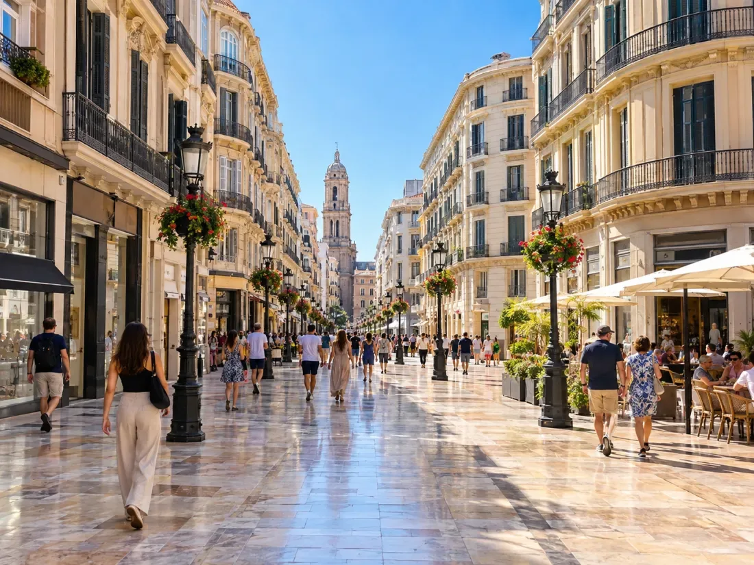 Calle Larios, die Fußgänger-Einkaufsstraße Málagas, mit Marmorbelag und hohen Fassaden