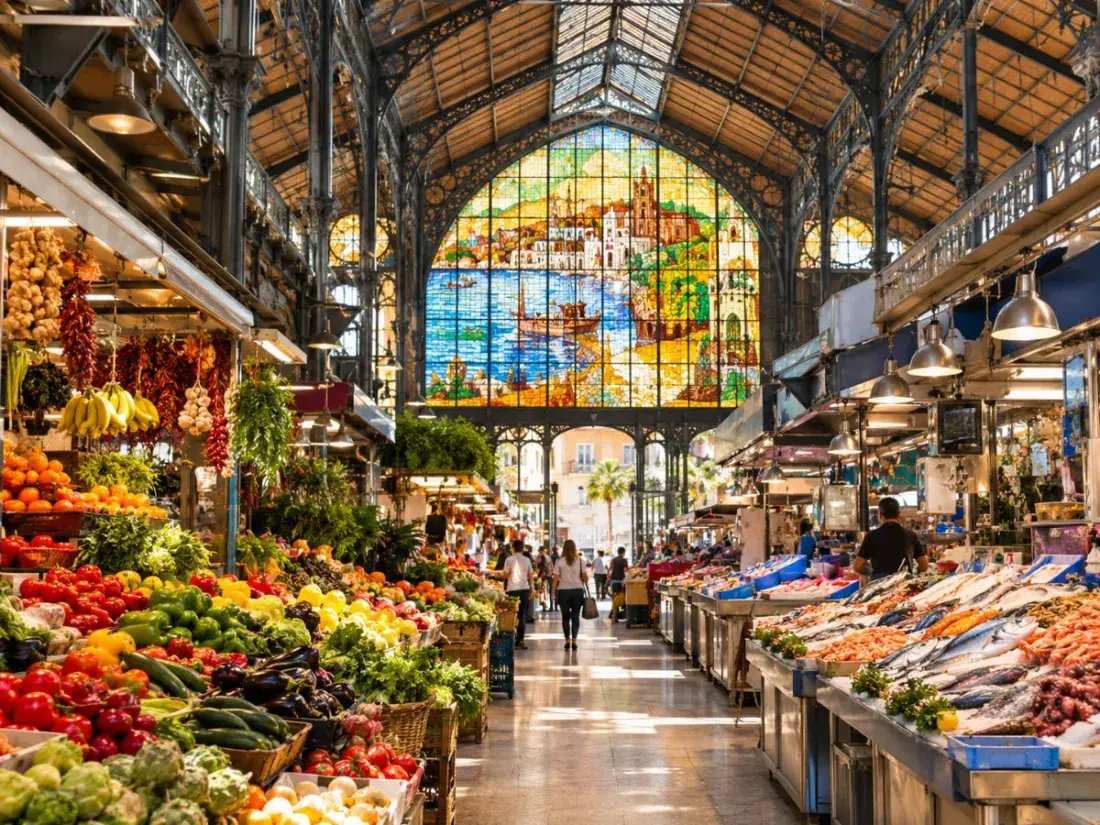 Obst- und Fischstände unter dem Eisendach des Marktes Atarazanas