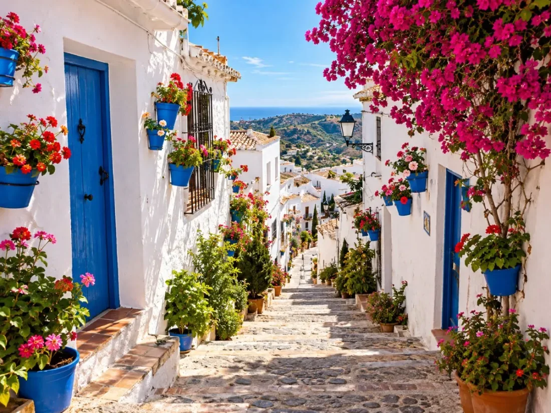 Weiß getünchte Häuser und Blumentöpfe auf einer treppenartigen Gasse in Frigiliana