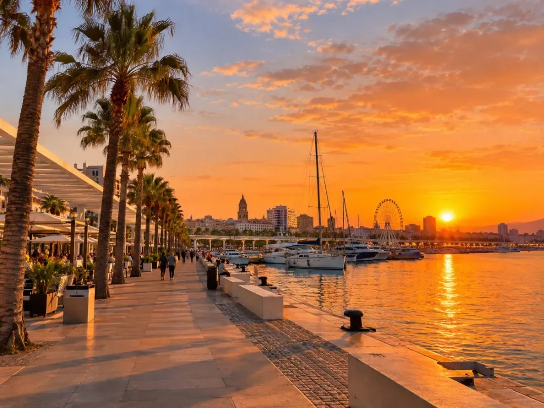 Die Hafenpromenade von Málaga bei Sonnenuntergang mit Palmen und vertäuten Booten